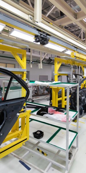 Automated car Assembly line. Assembly of car door. plant of automotive industry. Line of car body