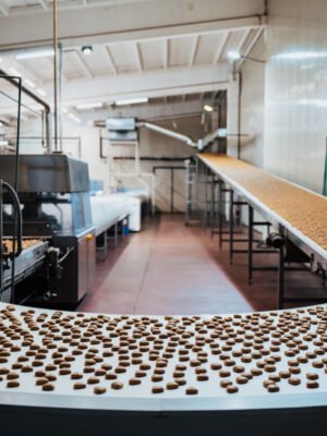 Huge factory line for sweet food and cookies production. Close up shots of industrial manufacturing process.