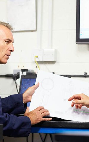 Two Engineers Discussing Plans With CMM Arm In Foreground