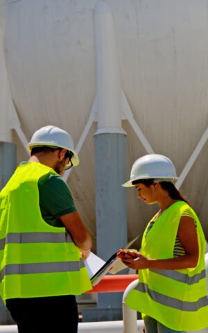 Two technicians in the refinery area is inspected